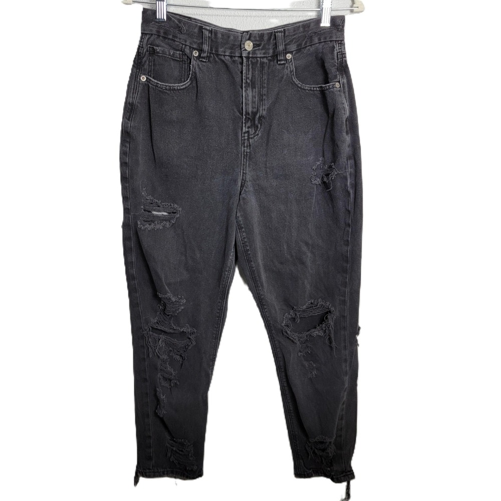 American Eagle Women 8 Curvy Mom Jean Black Distressed Ripped High Rise Denim